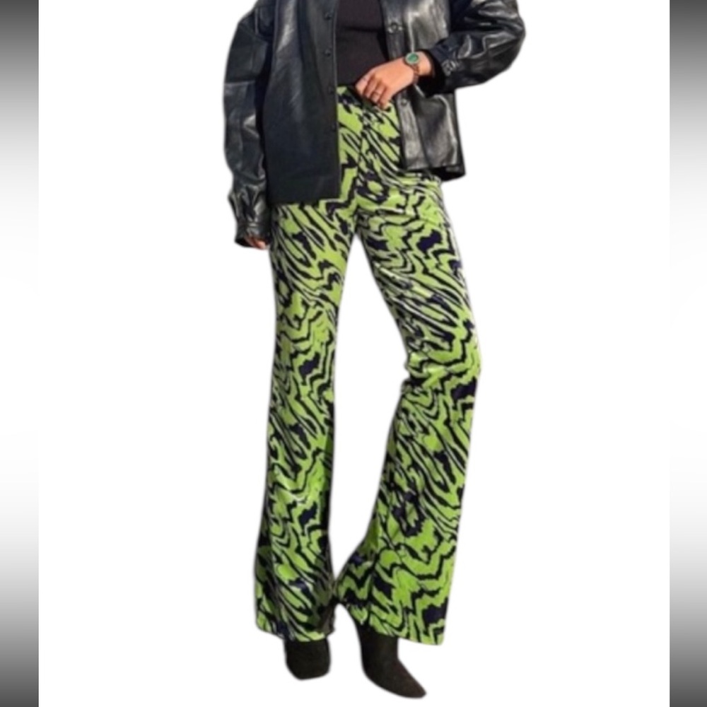 Zara Flared Velvet Blue & Green Patterned Zebra Swirl Flare Pants w/ Slit Sz M